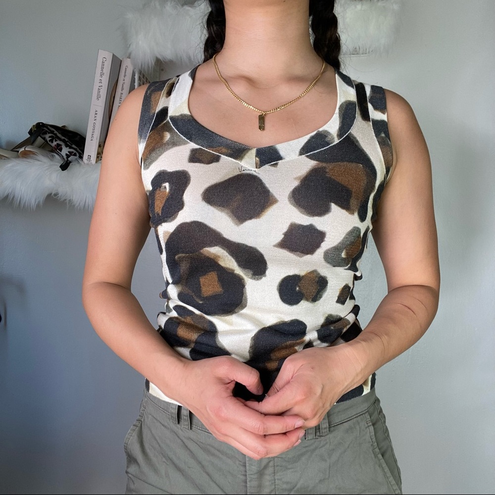 Versace Leopard Print Knit V Neck Sleeveless Blouse 38